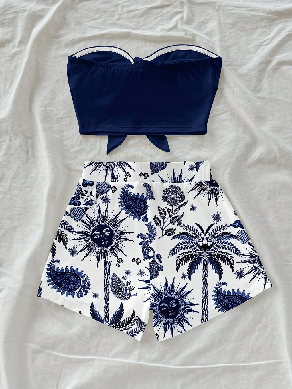 Women's summer vacation coconut tree and Sun God cashew print 2-piece set, suitable for vacation, summer, and fashionable spring