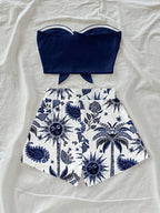 Women's summer vacation coconut tree and Sun God cashew print 2-piece set, suitable for vacation, summer, and fashionable spring
