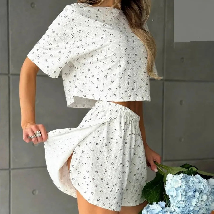 Women Pajamas Set Women's Pajamas Hollow Breathable Printing Sexy Split Shorts Crew Neck Top Set Loungewear Home Comfort