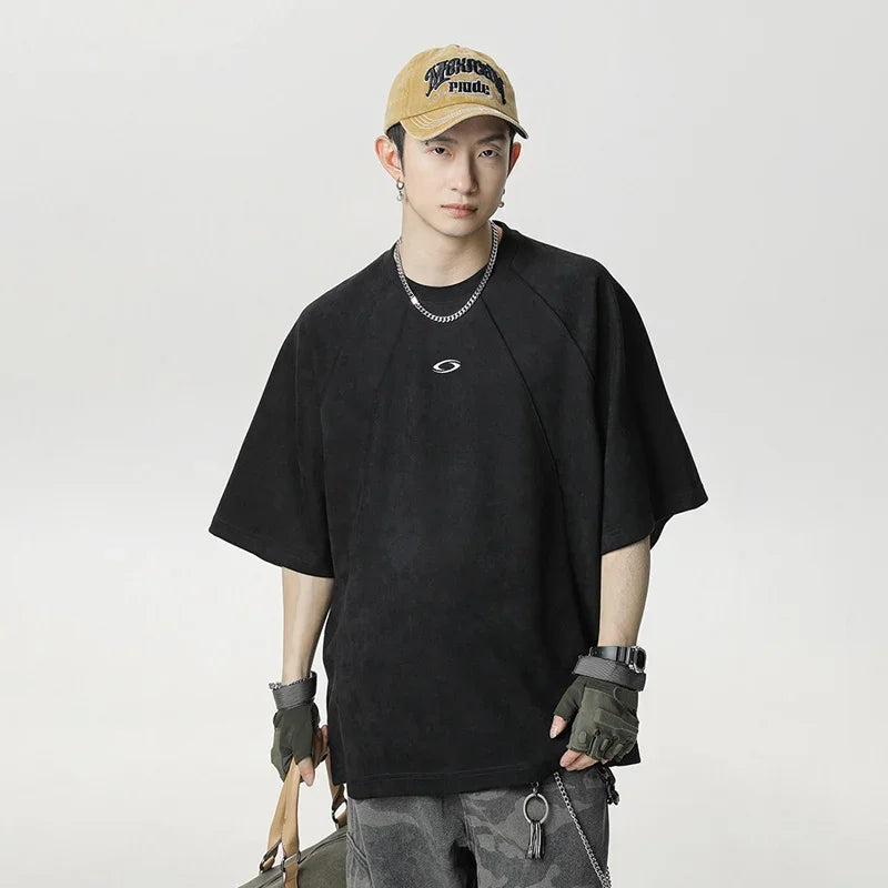 TFETTERS Brand Splicing Suede Male T Shirt 2026 Summer New American Vintage Short Sleeve T-shirts Man Solid Color Mens Clothing