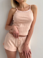 Y2k Comfy Women 2 Piece Outfit Lace Trim Sleeveless Crop Cami Top and Shorts Summer Lounge Pjs Set Sleepwear