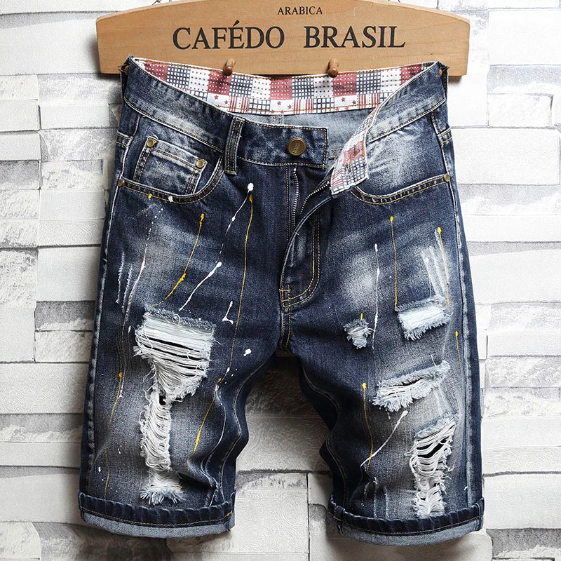 2026 New Summer Fashion Ripped hole Mens Jeans Short Street Vintage Straight Slim Denim Mid Waist  Brand Print Shorts