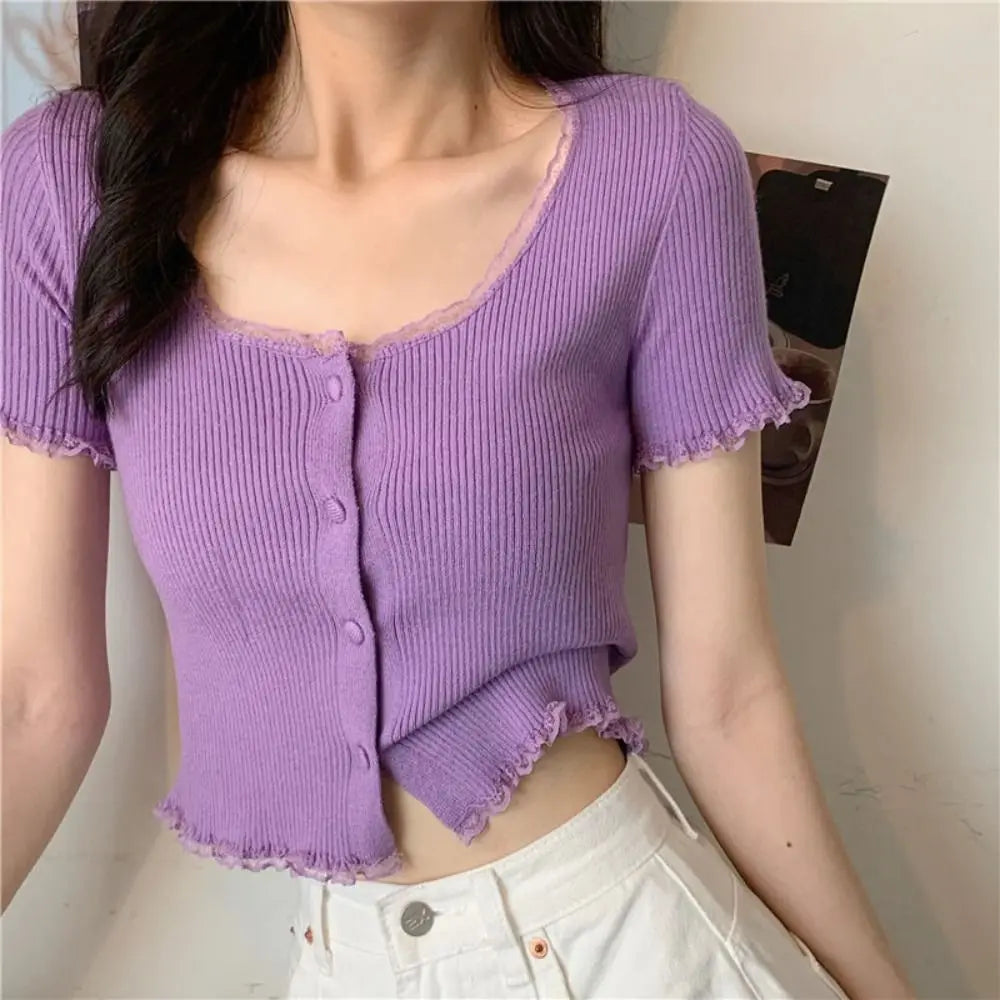 Korean Style Summer Spring Lace T-shirt Button Stylish Crop Top Slim Fit Knitted Cardigans