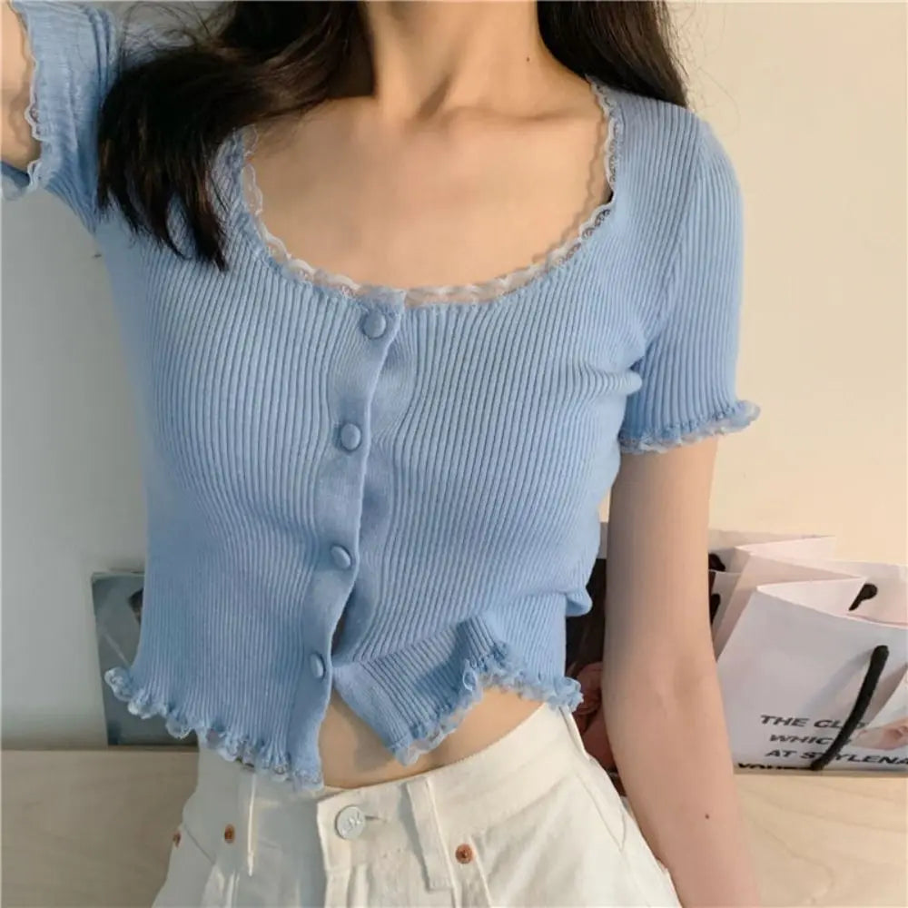 Korean Style Summer Spring Lace T-shirt Button Stylish Crop Top Slim Fit Knitted Cardigans