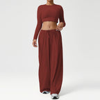 2PCS Yoga Set Women Sportswear Gym Clothing Fitness Workout Set Female Long Sleeve Crop Top High Waist Flared Pant Sports Suits