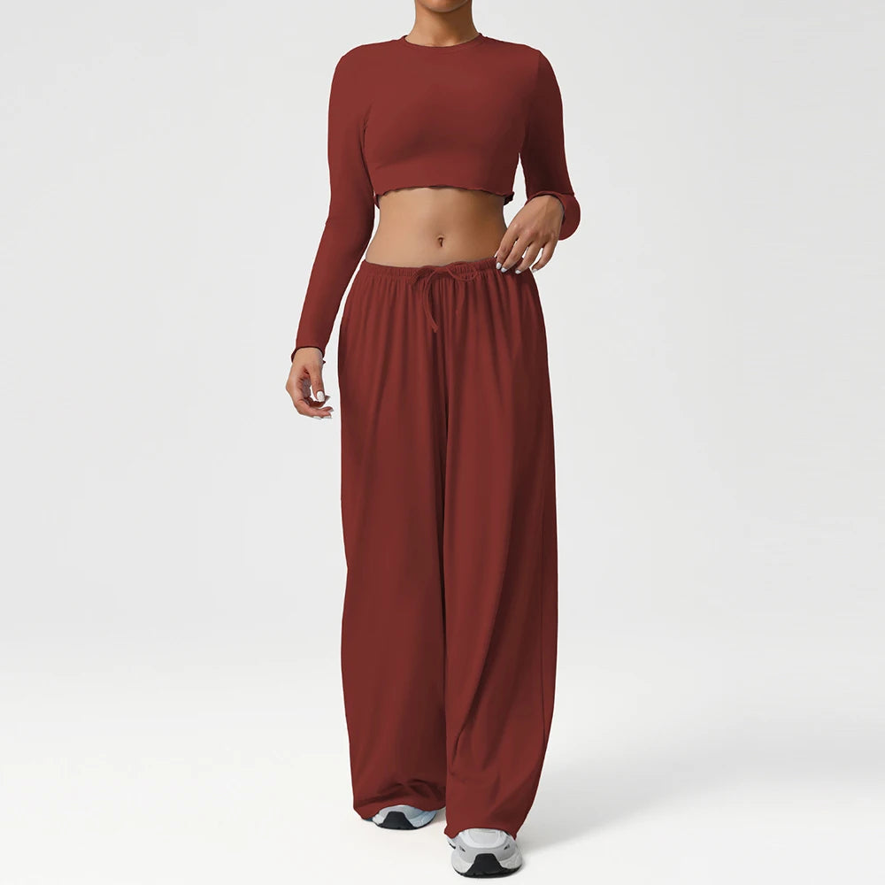 2PCS Yoga Set Women Sportswear Gym Clothing Fitness Workout Set Female Long Sleeve Crop Top High Waist Flared Pant Sports Suits