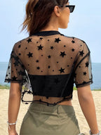 Fashion-Forward Y2K Heart Print Sheer Mesh Crop Top - Ethereal Crew Neck Short Sleeve Tee for Spring & Summer Styling - Womens C