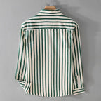 2025 Spring/Summer Men's Square Collar Button Striped Pocket Loose Fashion Casual Versatile Simple Design Long Sleeve Shirt