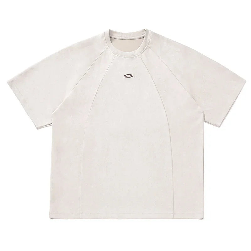 TFETTERS Brand Splicing Suede Male T Shirt 2026 Summer New American Vintage Short Sleeve T-shirts Man Solid Color Mens Clothing