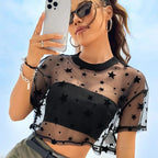 Fashion-Forward Y2K Heart Print Sheer Mesh Crop Top - Ethereal Crew Neck Short Sleeve Tee for Spring & Summer Styling - Womens C