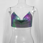Sexy Metal Metallic Crop Top Women Beach Halter Corset Tops Glitter Backless Party Club Tank Top Clothes Top Camisole Croppe