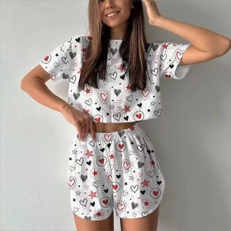 Women Pajamas Set Women's Pajamas Hollow Breathable Printing Sexy Split Shorts Crew Neck Top Set Loungewear Home Comfort