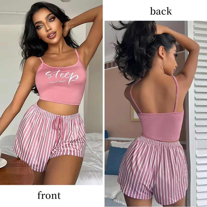Sexy Summer Women Pajamas Set Sleepwear Cotton Home Clothes Tops And Shorts Cute Soft Sleeveless Nightwear For Female