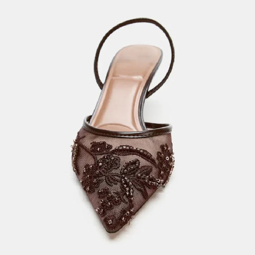 Brown String Bead Mesh Embroider Slingback High Heels Women Sexy Pointed Toe Heeled Sandals Summer Elegant Luxury Designer Shoes