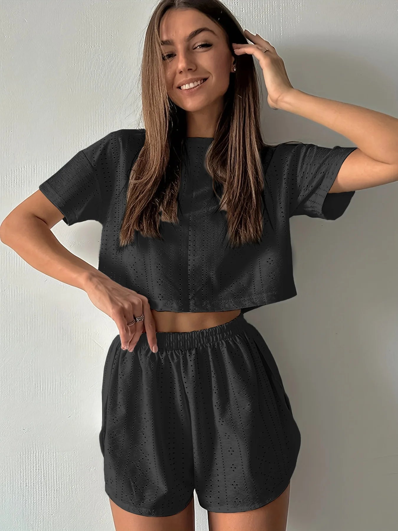 Women's sleepwear short sleeved shorts, solid color breathable and sexy two-piece home suit, summer comfortable casual sleepwear