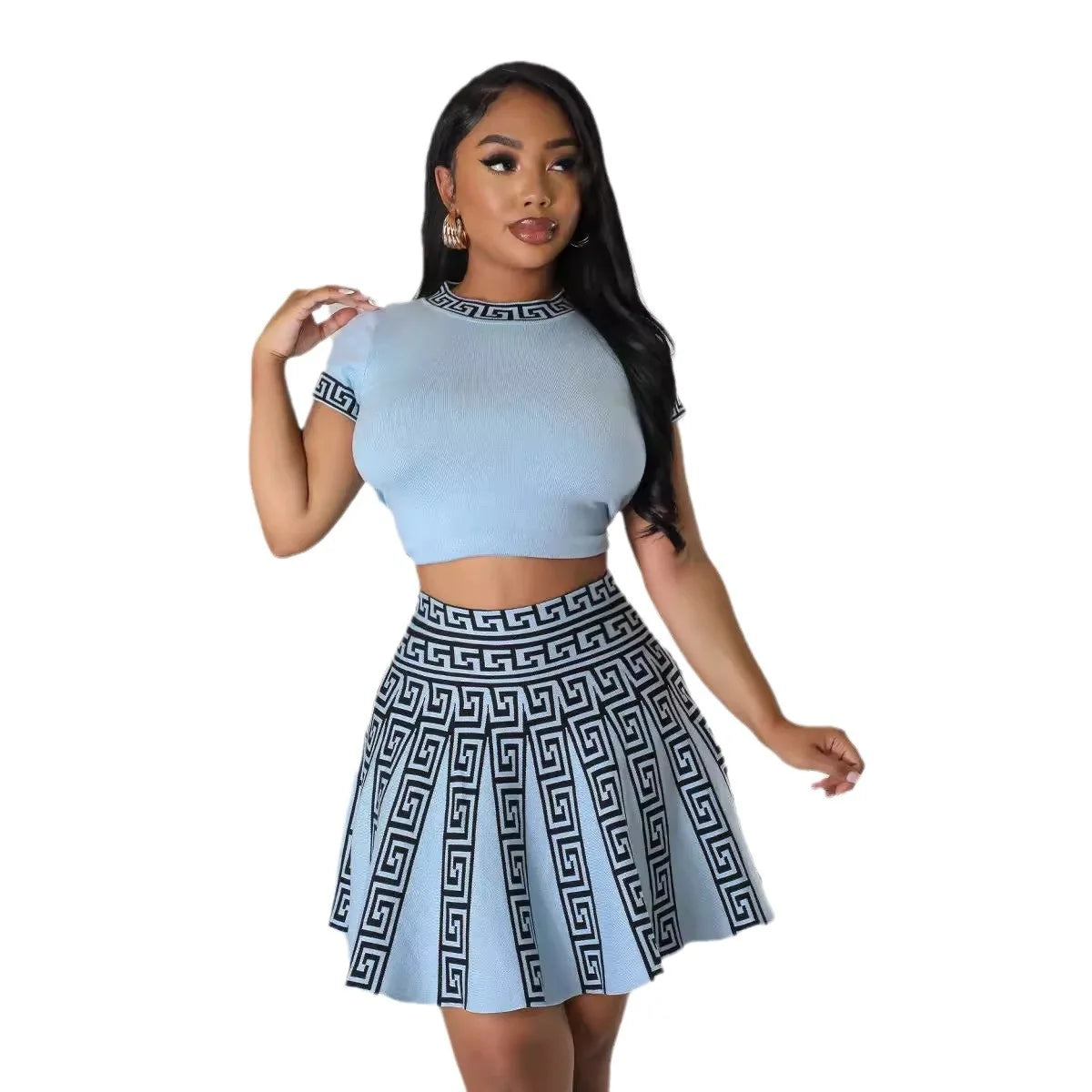 AJ4399 Fashionable round Neck Short Sleeve Pleated Two-Piece Set Women's Knitted Print Style New Arrival Sweet Fresh Style