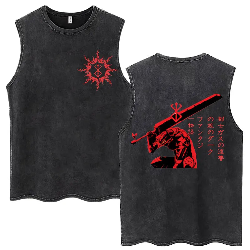 Anime Berserk Guts Washed Harajuku Tank Tops Retro Manga Gatsu Griffith Zodd Sleeveless T Shirts Unisex Cotton Oversized T-Shirt