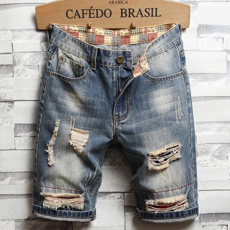 2026 New Summer Fashion Ripped hole Mens Jeans Short Street Vintage Straight Slim Denim Mid Waist  Brand Print Shorts