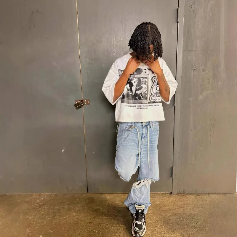 Футболка America Graffiti Album Printing T Shirt Y2k Clothes for Man Playeras Para Hombres Tシャツ メンズ Summer Streetwear Harajuku