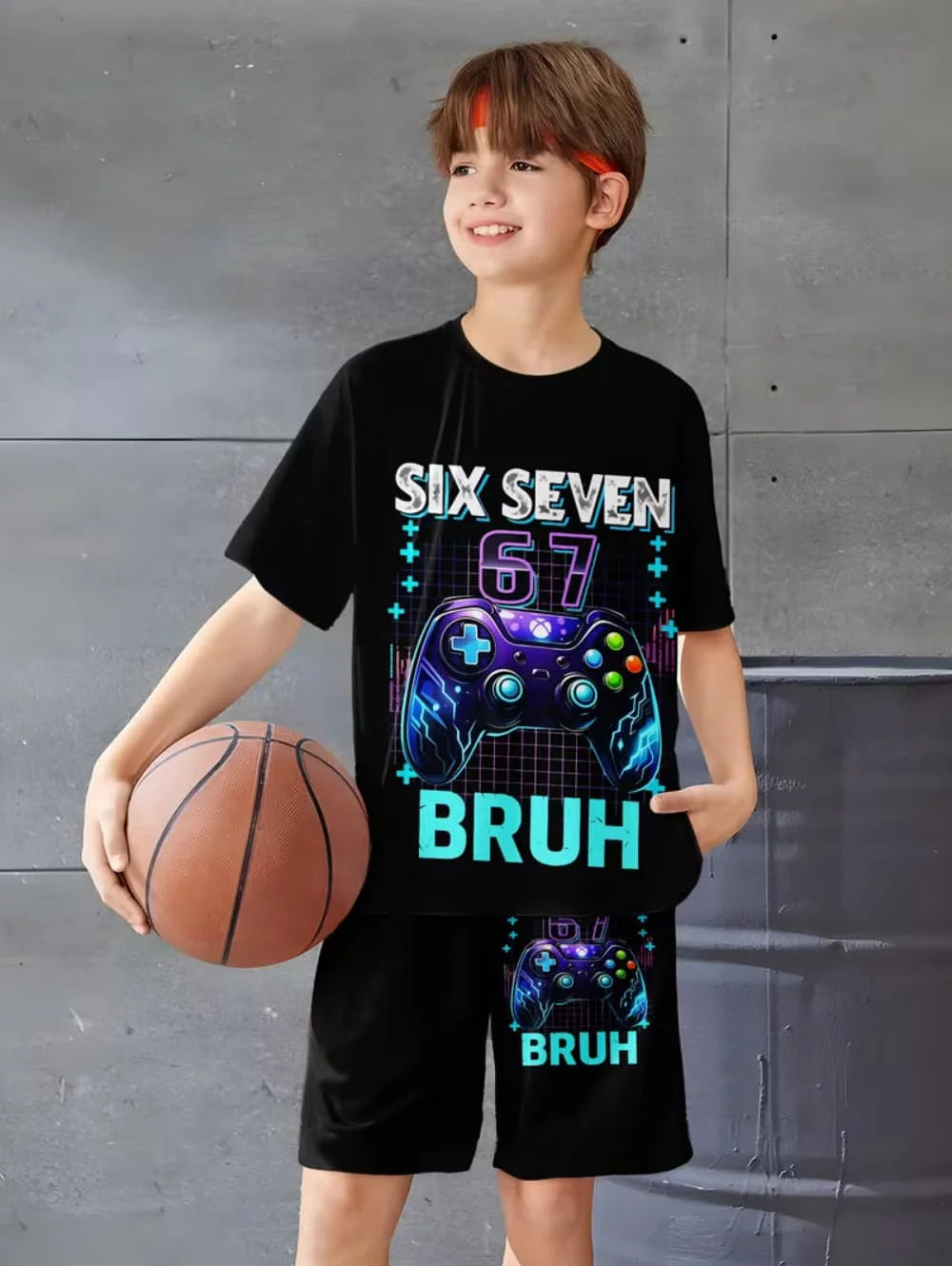 Kids Short Sleeved Suit 67 Number Print T-Shirt and Shorts Set