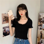Korean Style Summer Spring Lace T-shirt Button Stylish Crop Top Slim Fit Knitted Cardigans