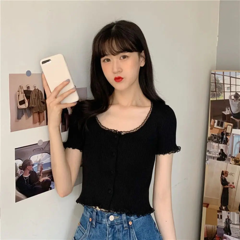 Korean Style Summer Spring Lace T-shirt Button Stylish Crop Top Slim Fit Knitted Cardigans