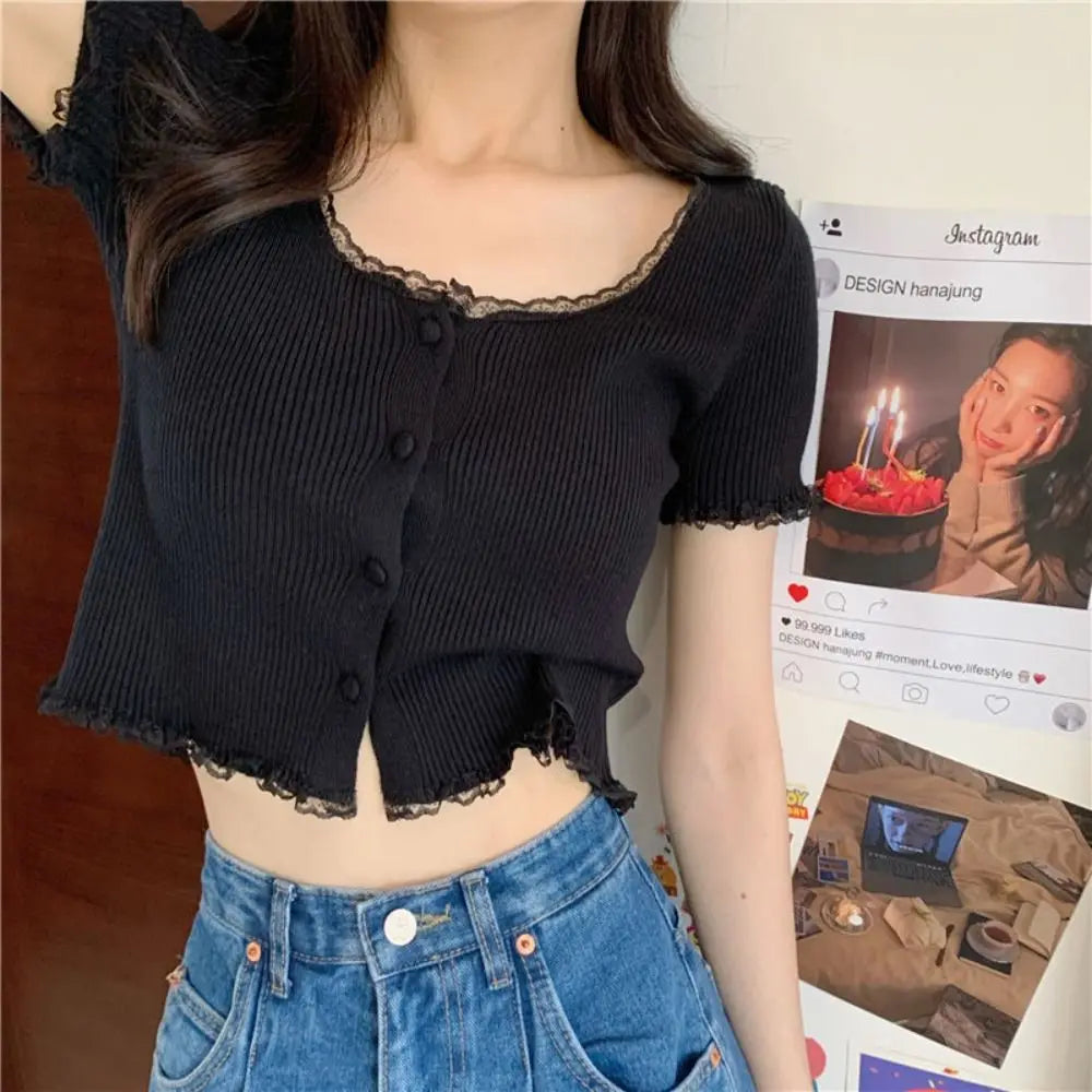 Korean Style Summer Spring Lace T-shirt Button Stylish Crop Top Slim Fit Knitted Cardigans