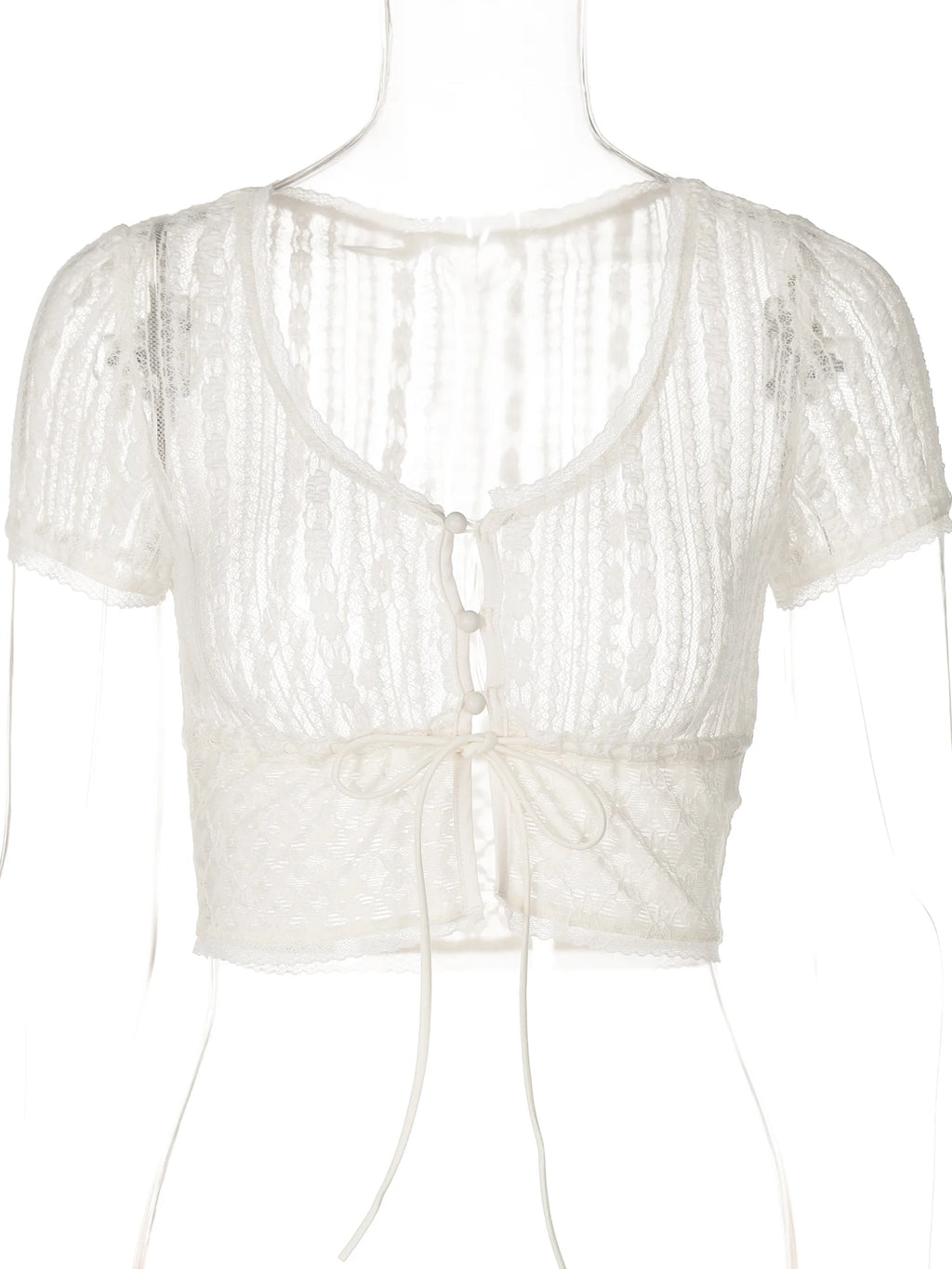 Hugcitar Lace Floral Print Short Sleve Buttons Bandage Sexy Sheer Crop T-Shirt Top Summer Women Fashion Outfits Party Festival