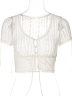Hugcitar Lace Floral Print Short Sleve Buttons Bandage Sexy Sheer Crop T-Shirt Top Summer Women Fashion Outfits Party Festival