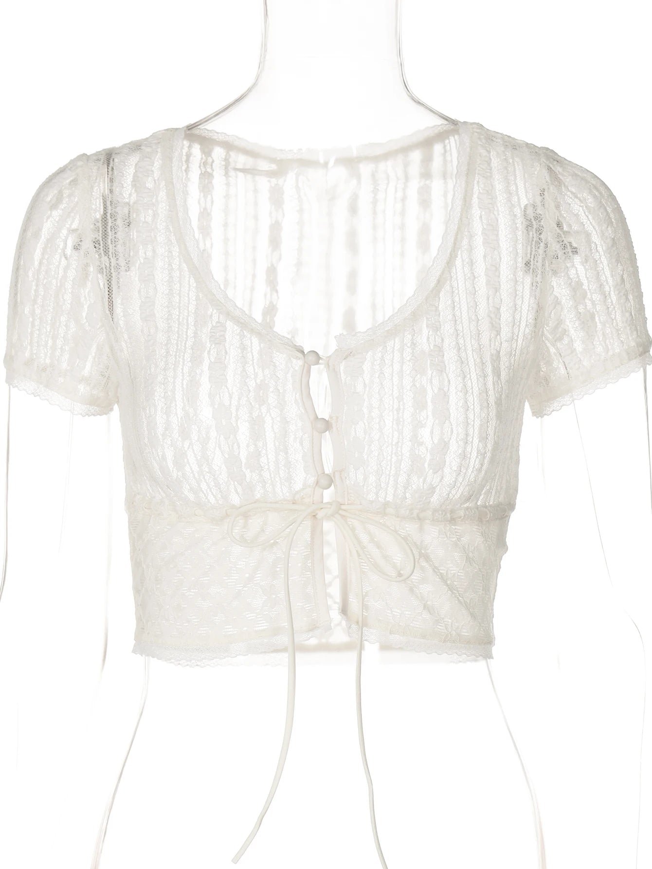Hugcitar Lace Floral Print Short Sleve Buttons Bandage Sexy Sheer Crop T-Shirt Top Summer Women Fashion Outfits Party Festival
