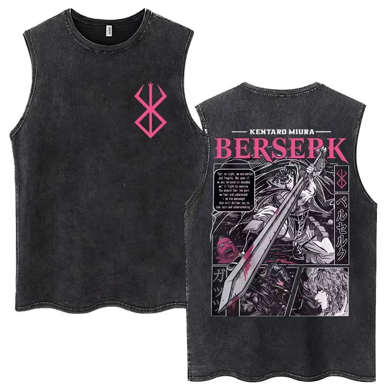 Anime Berserk Guts Washed Harajuku Tank Tops Retro Manga Gatsu Griffith Zodd Sleeveless T Shirts Unisex Cotton Oversized T-Shirt