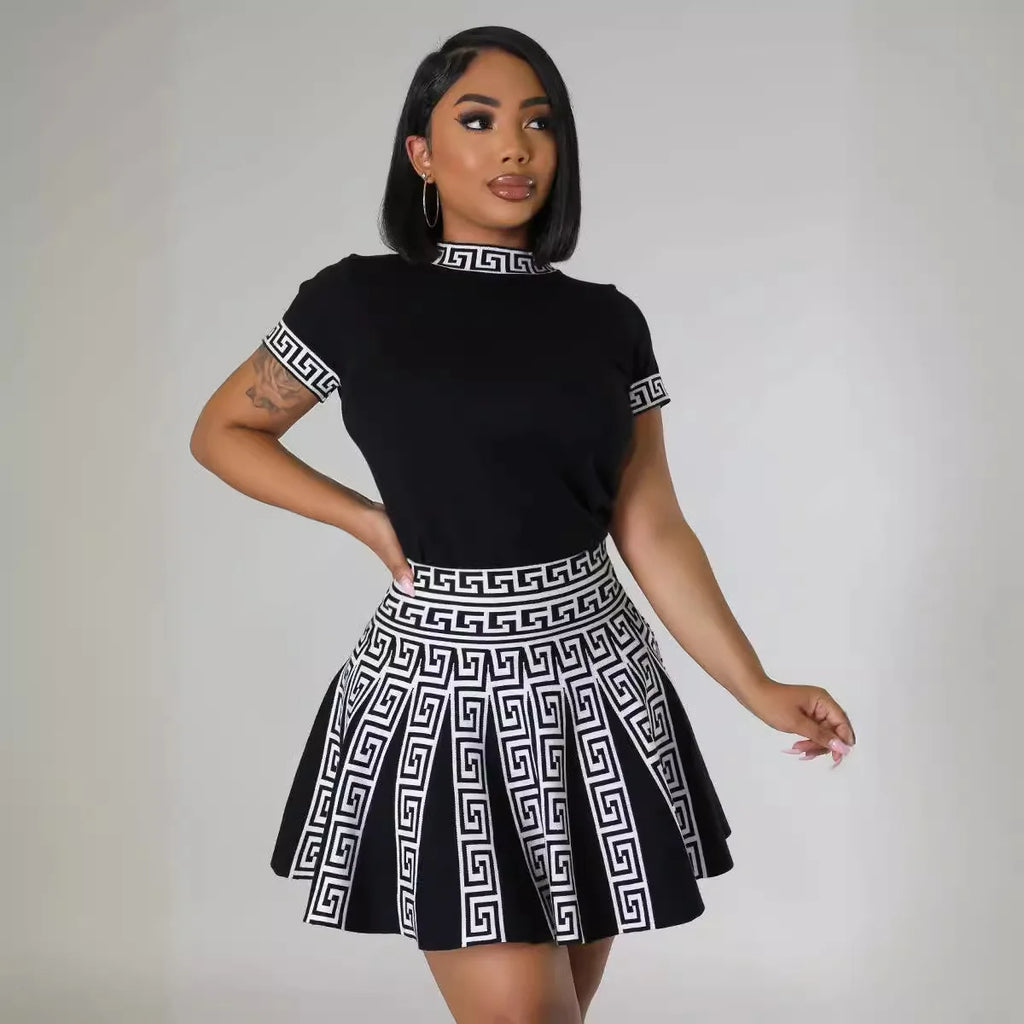 AJ4399 Fashionable round Neck Short Sleeve Pleated Two-Piece Set Women's Knitted Print Style New Arrival Sweet Fresh Style