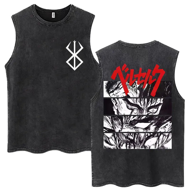 Anime Berserk Guts Washed Harajuku Tank Tops Retro Manga Gatsu Griffith Zodd Sleeveless T Shirts Unisex Cotton Oversized T-Shirt