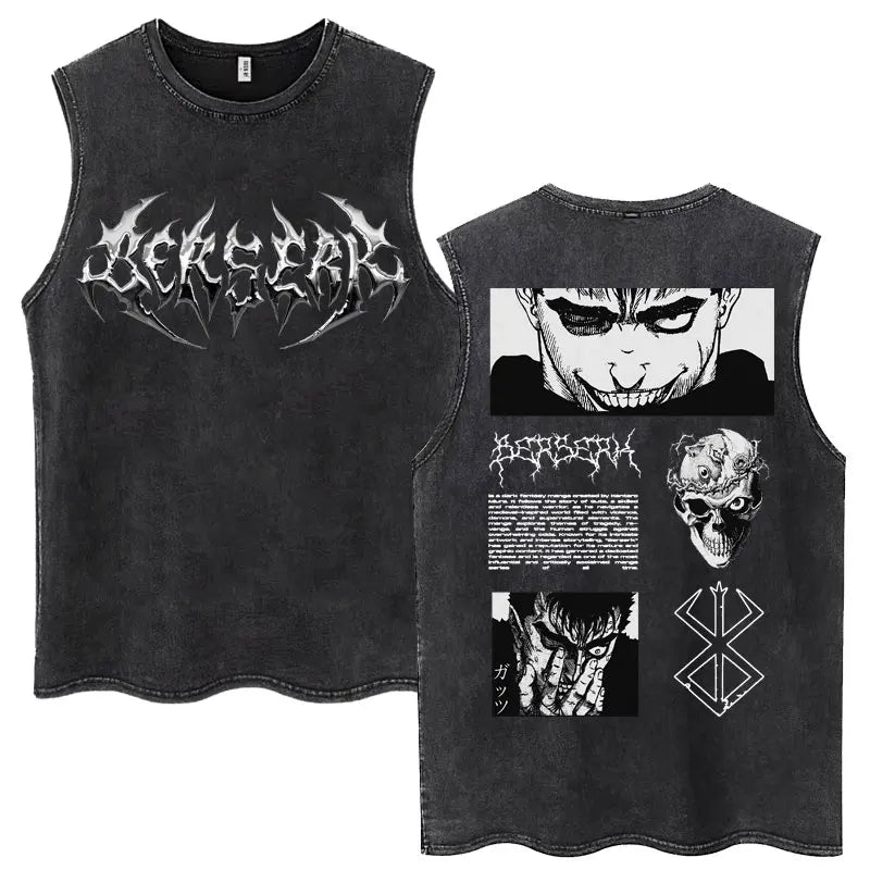 Anime Berserk Guts Washed Harajuku Tank Tops Retro Manga Gatsu Griffith Zodd Sleeveless T Shirts Unisex Cotton Oversized T-Shirt