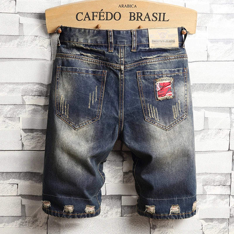 2026 New Summer Fashion Ripped hole Mens Jeans Short Street Vintage Straight Slim Denim Mid Waist  Brand Print Shorts