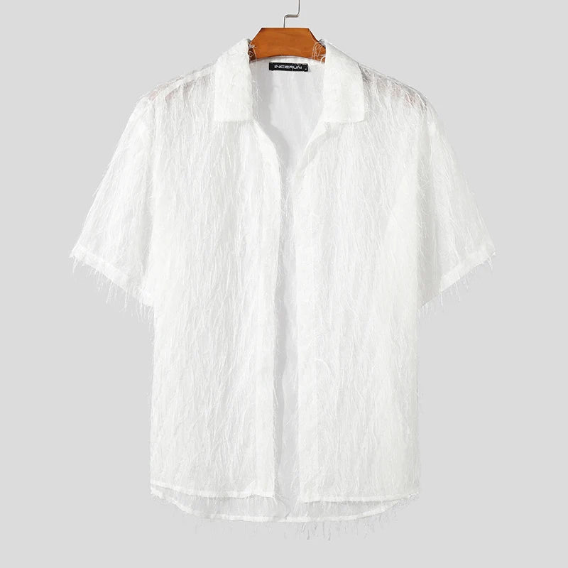 2024 Men Shirt Tassel Chiffon Transparent Lapel Short Sleeve Sexy Men Clothing Summer Streetwear Party Fashion Camisas INCERUN