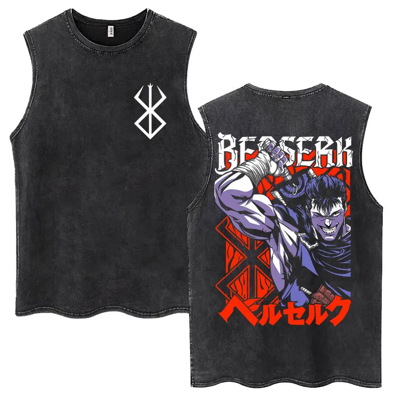 Anime Berserk Guts Washed Harajuku Tank Tops Retro Manga Gatsu Griffith Zodd Sleeveless T Shirts Unisex Cotton Oversized T-Shirt