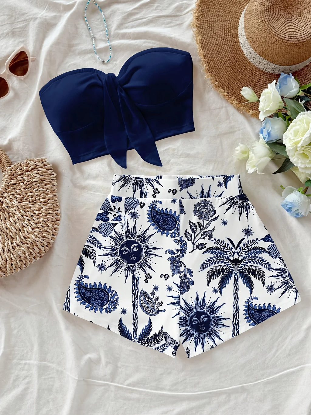 Women's summer vacation coconut tree and Sun God cashew print 2-piece set, suitable for vacation, summer, and fashionable spring