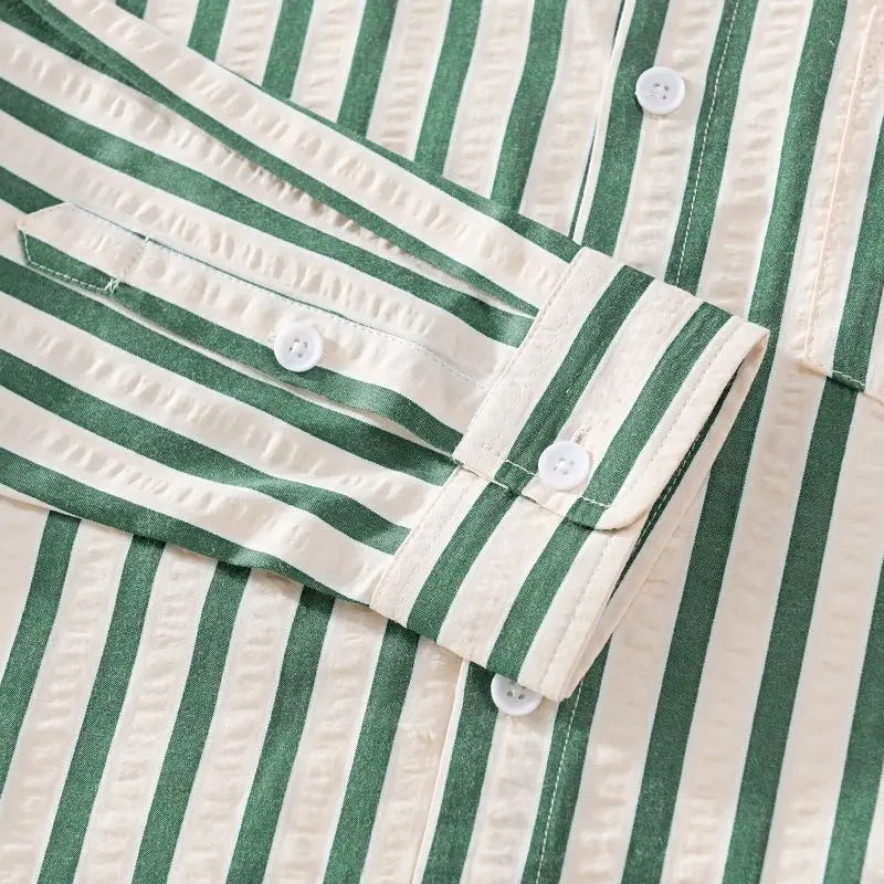2025 Spring/Summer Men's Square Collar Button Striped Pocket Loose Fashion Casual Versatile Simple Design Long Sleeve Shirt