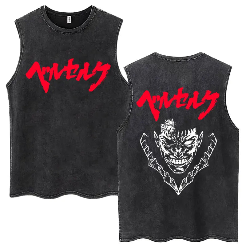 Anime Berserk Guts Washed Harajuku Tank Tops Retro Manga Gatsu Griffith Zodd Sleeveless T Shirts Unisex Cotton Oversized T-Shirt