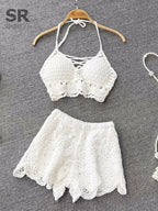 SINGREINY Knit Two Piece Sets Women Summer Vacation Backless Camisole Elastic Waist Shorts Hollow Out Y2K Beach Style Suits