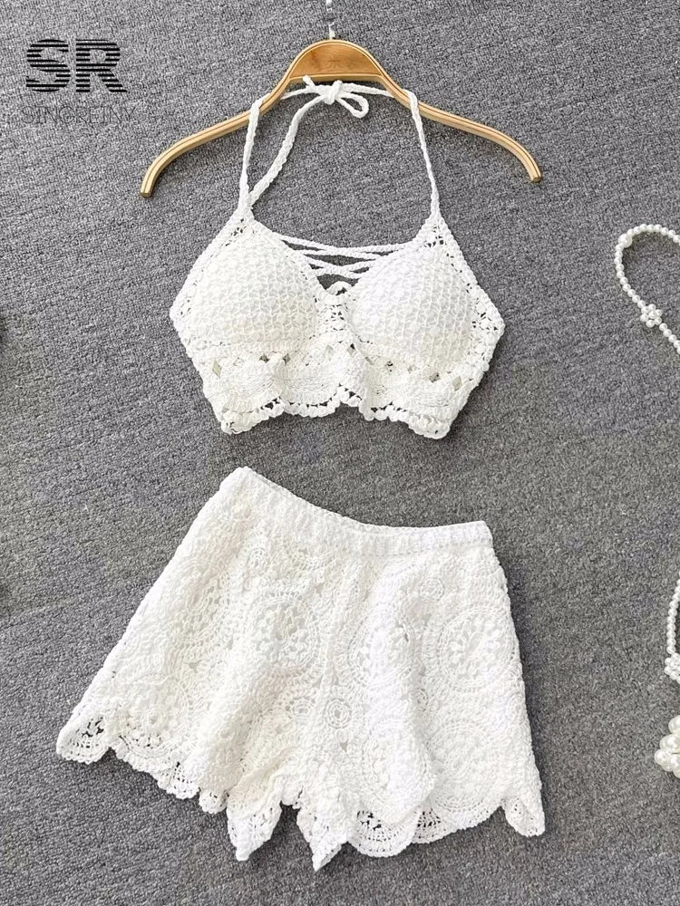 SINGREINY Knit Two Piece Sets Women Summer Vacation Backless Camisole Elastic Waist Shorts Hollow Out Y2K Beach Style Suits