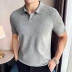 High Elasticity Knitted Men Polo Shirt Short Sleeved 2026 Summer New Ice Silk Light Thin Solid Casual Top T-shirt Men Clothing