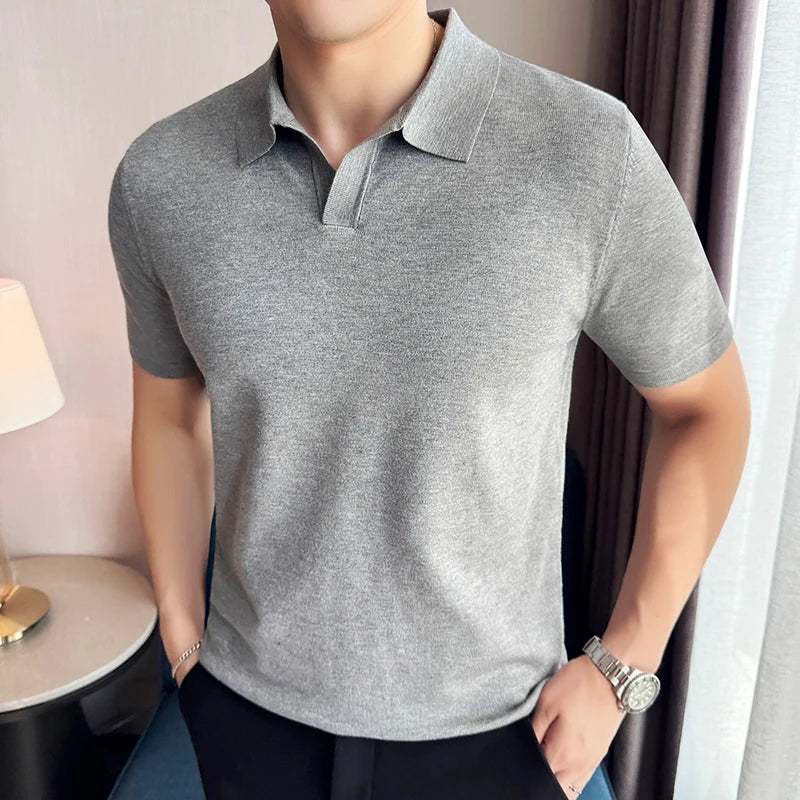 High Elasticity Knitted Men Polo Shirt Short Sleeved 2026 Summer New Ice Silk Light Thin Solid Casual Top T-shirt Men Clothing