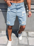 Men's Spring/Summer Street Fashion Casual Ripped and Distressed Straight-Leg Blue Denim Shorts, maintains its shape, wrinkle-res