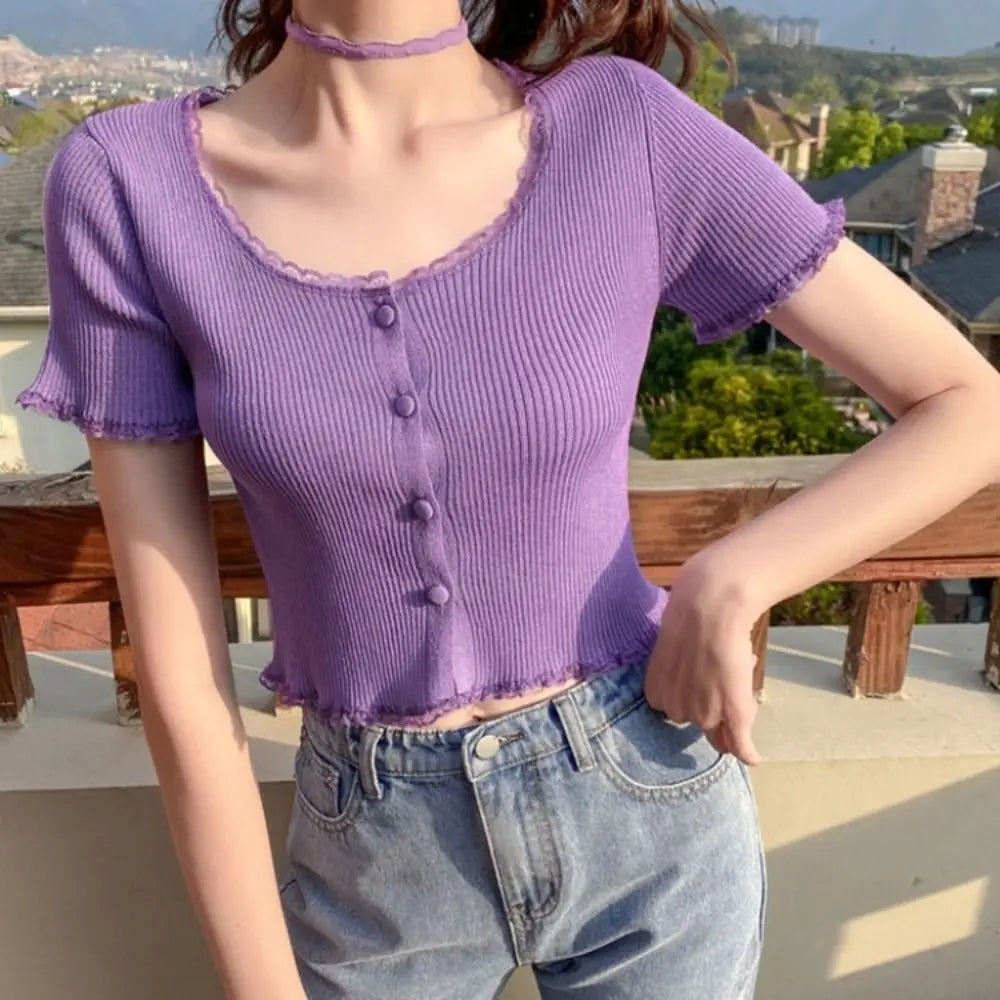 Korean Style Summer Spring Lace T-shirt Button Stylish Crop Top Slim Fit Knitted Cardigans