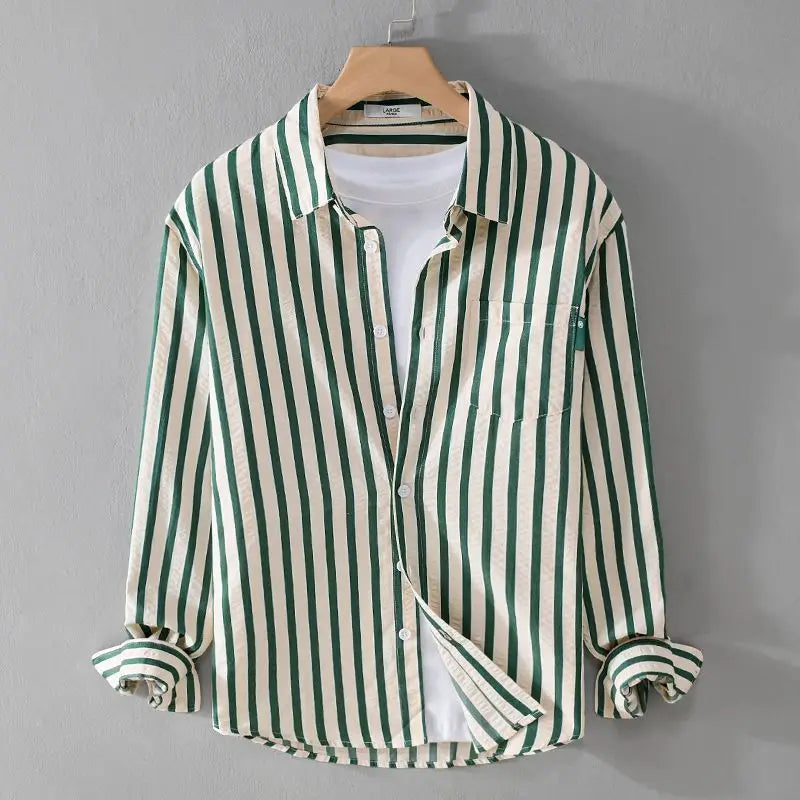 2025 Spring/Summer Men's Square Collar Button Striped Pocket Loose Fashion Casual Versatile Simple Design Long Sleeve Shirt