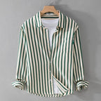 2025 Spring/Summer Men's Square Collar Button Striped Pocket Loose Fashion Casual Versatile Simple Design Long Sleeve Shirt