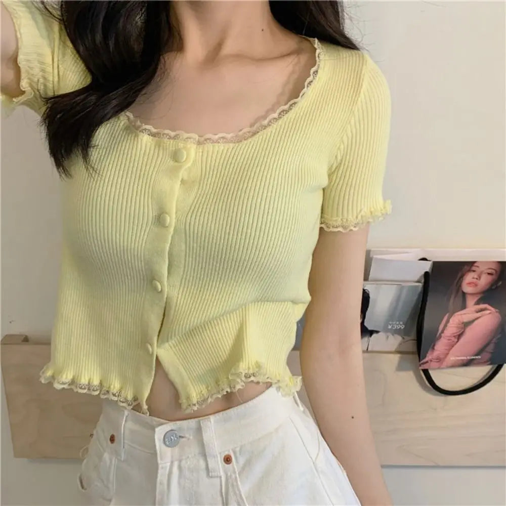 Korean Style Summer Spring Lace T-shirt Button Stylish Crop Top Slim Fit Knitted Cardigans