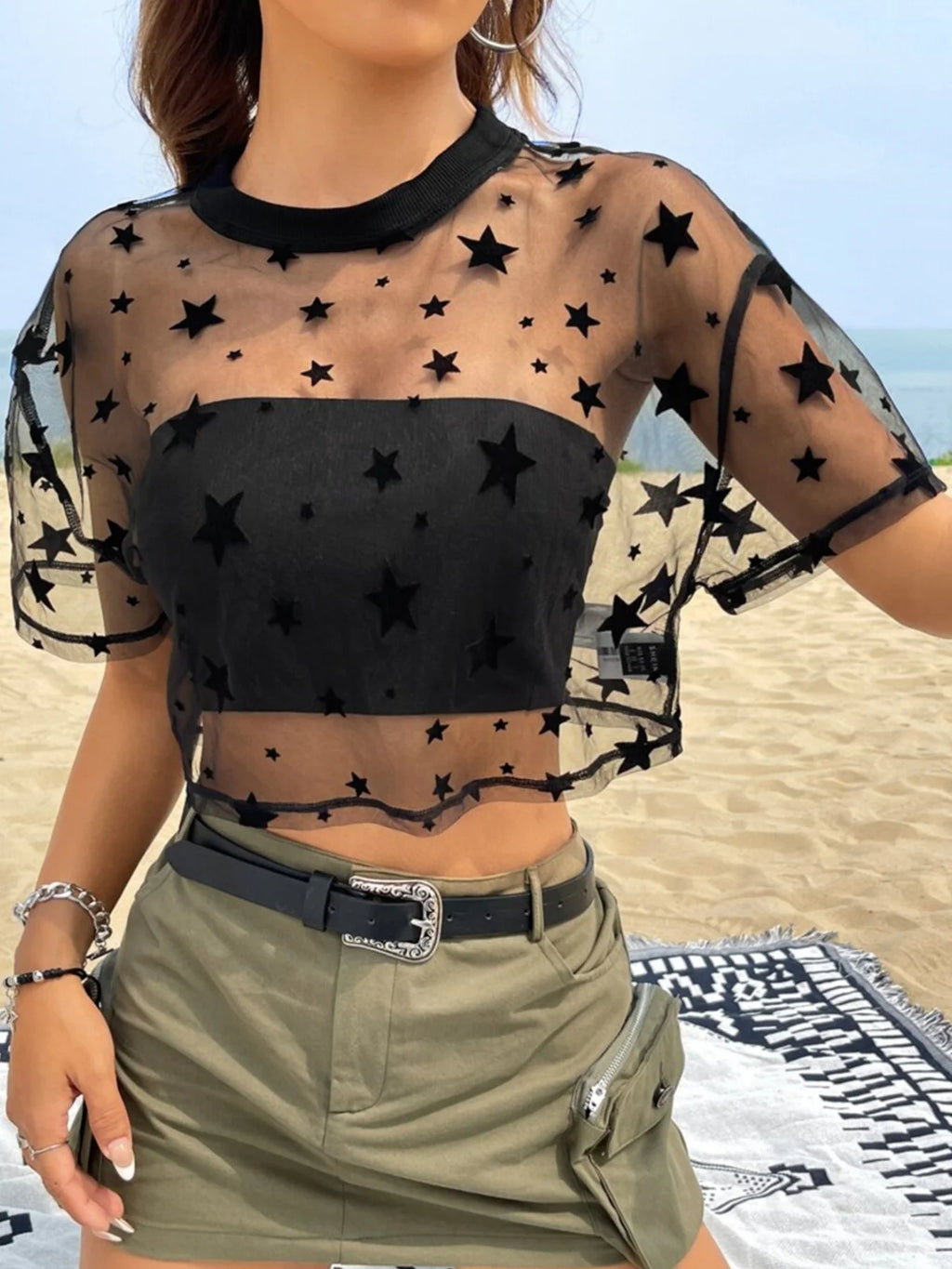 Fashion-Forward Y2K Heart Print Sheer Mesh Crop Top - Ethereal Crew Neck Short Sleeve Tee for Spring & Summer Styling - Womens C